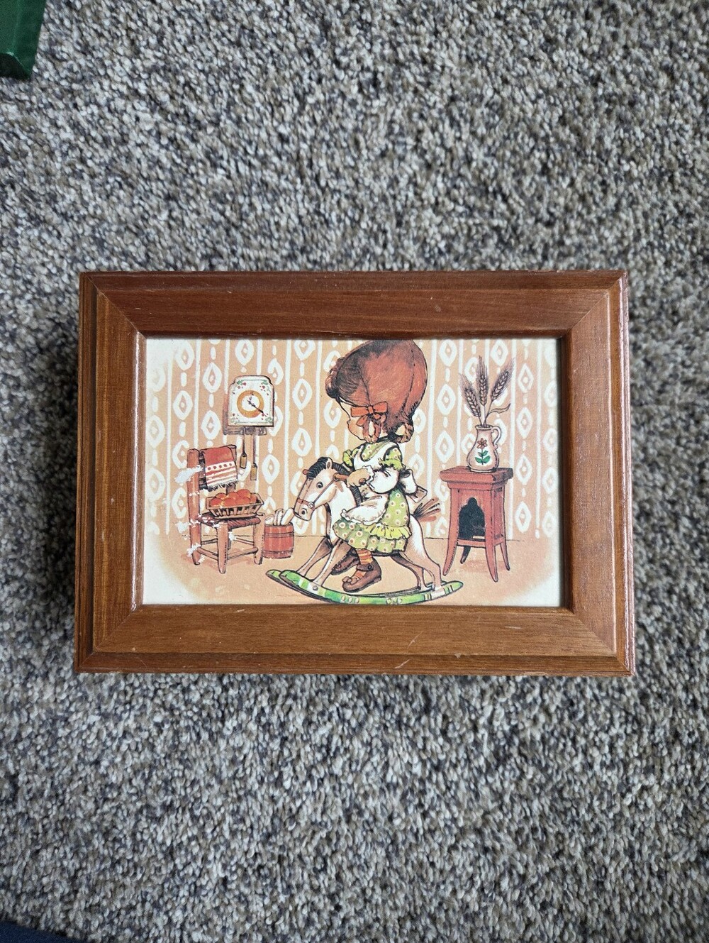 Vintage 1970s Wooden Jewelry / Trinket Box – Girl on Rocking Horse
